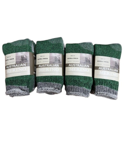 Four pairs of green socks with gray toes and heels on a white background, labeled 'Australian'.