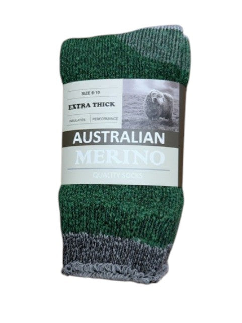 Green and gray sock with 'Australian Merino' label on a white background