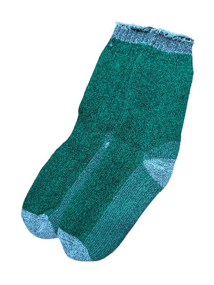 Green sock with blue trim on a white background