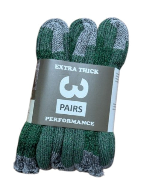 Three pairs of green and gray socks in a package with 'Extra Thick' and 'Performance' labels.