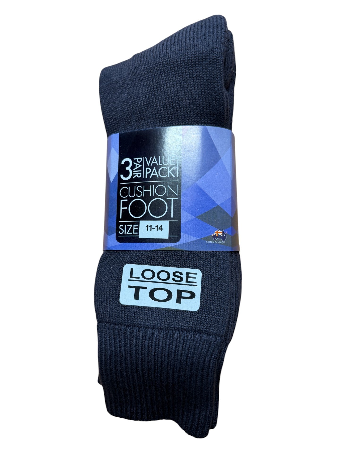 Pack of navy socks with cushioned foot and loose top on a white background