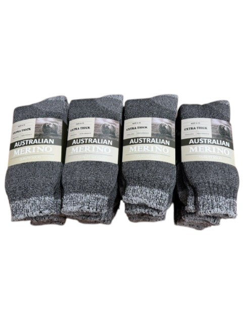 Four pairs of gray socks with 'Australian Merino' labels on a white background