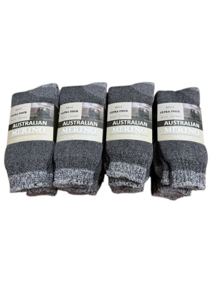 Four pairs of gray socks with 'Australian Merino' labels on a white background