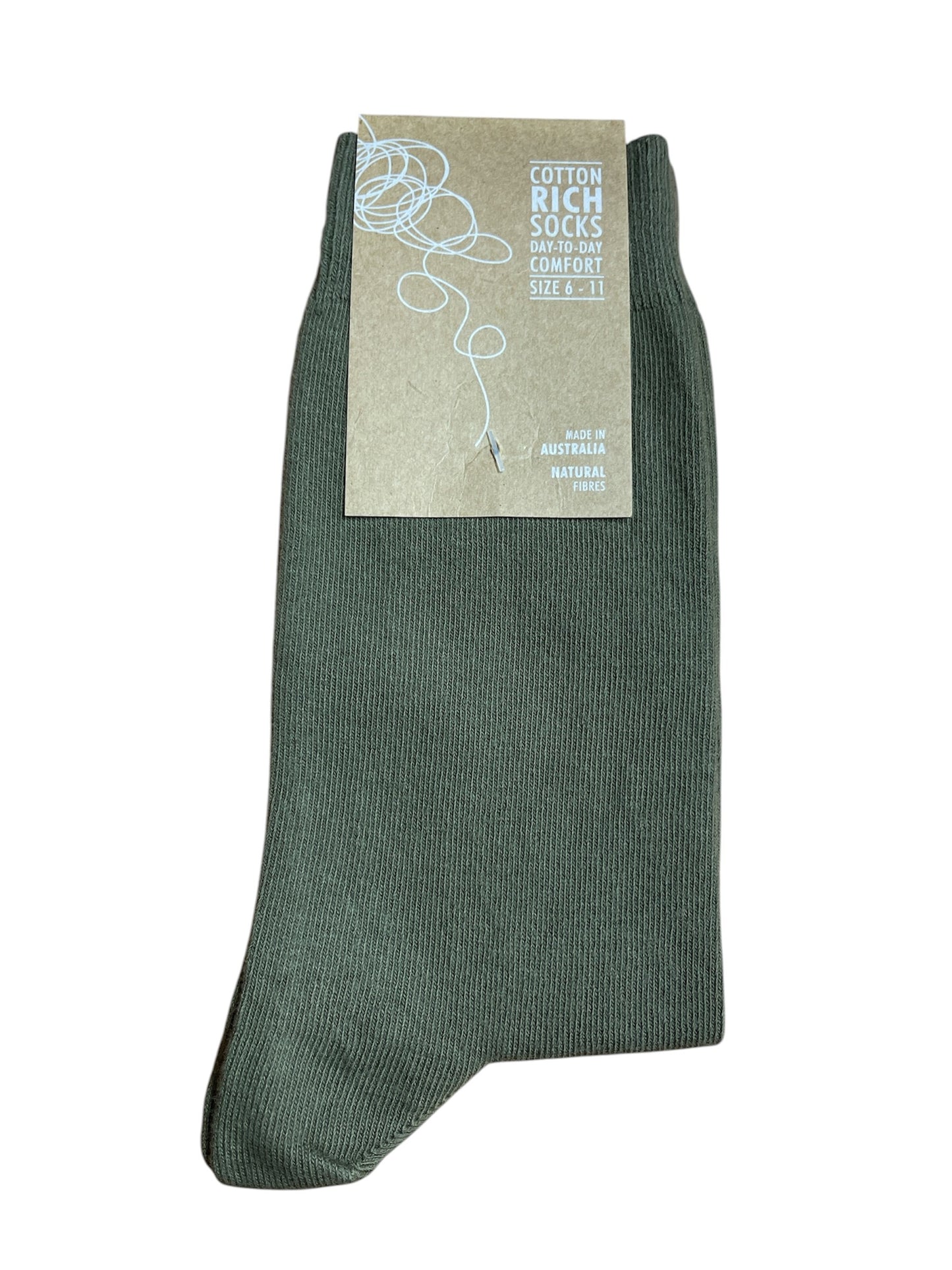 Khaki sock with a label on a white background