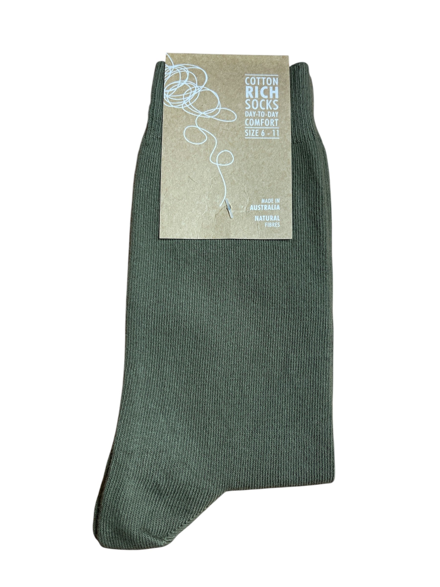 Khaki sock with a label on a white background