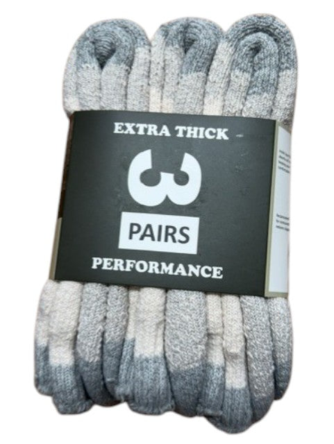 Pack of extra thick socks with a brand label on a white background