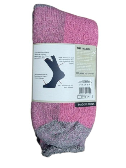 Pink and gray sock with brand label on a white background