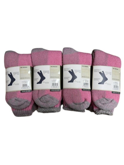 Dozen of pink and gray socks with labels on a white background