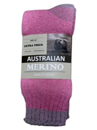 Pink and gray sock with 'Australian Merino' label on a white background