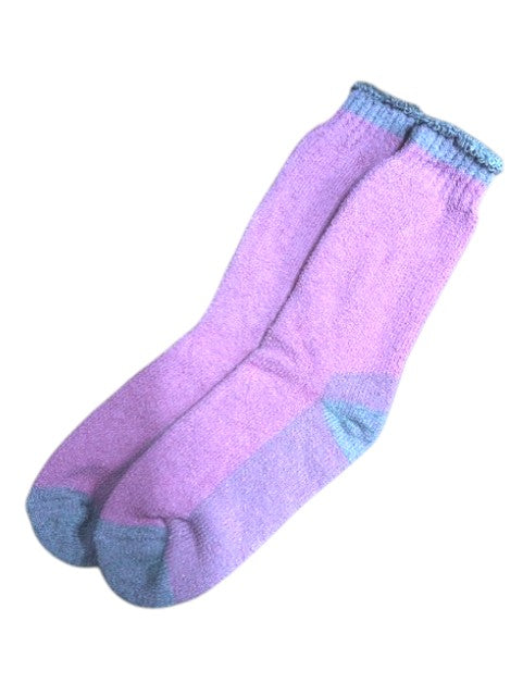 Pair of pink socks with blue accents on a white background
