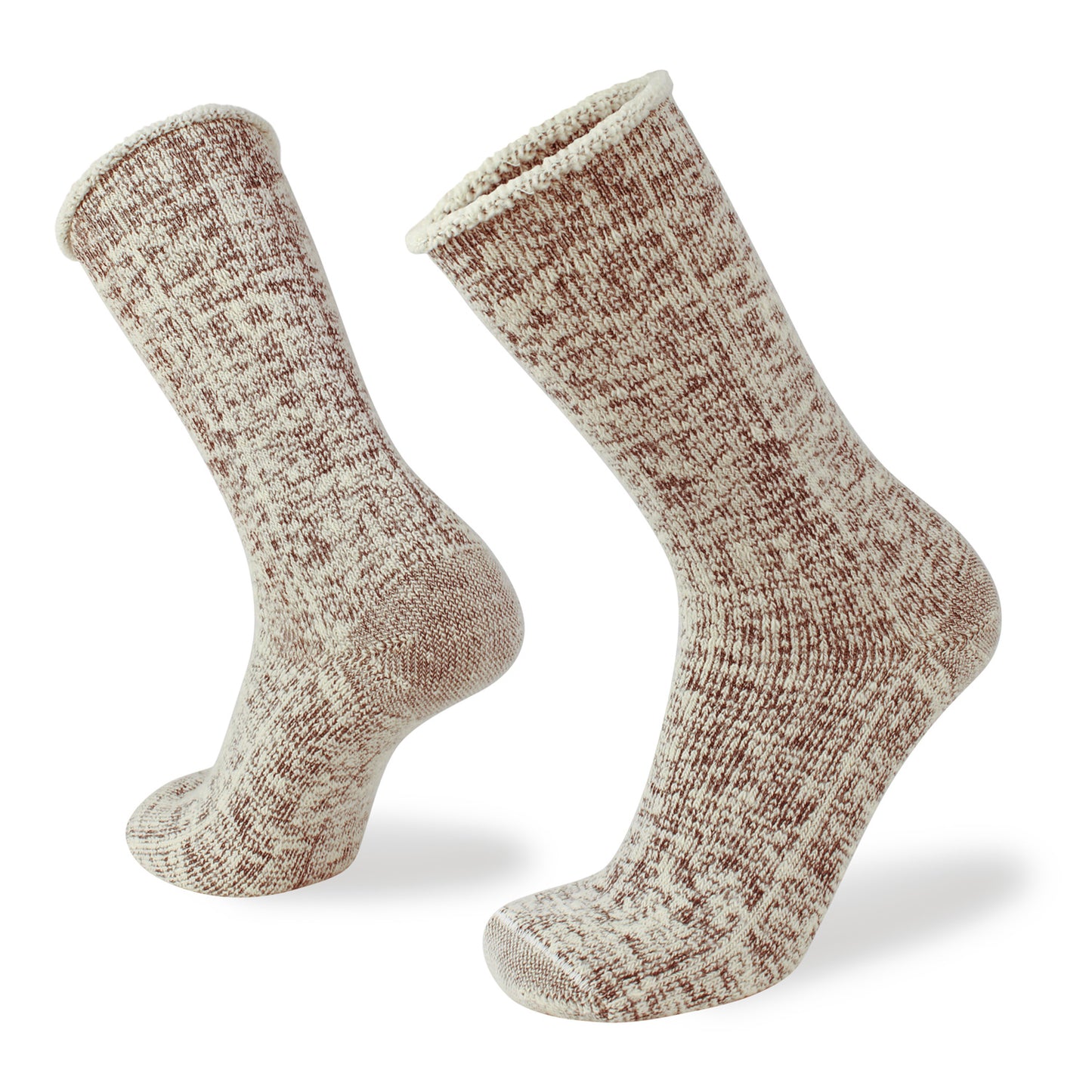 Pair of brown and beige socks on a white background