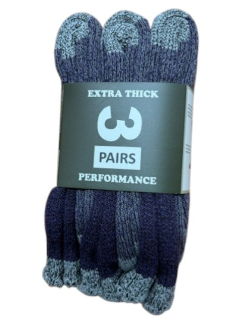 Pack of three pairs of extra thick performance socks with a label on a white background