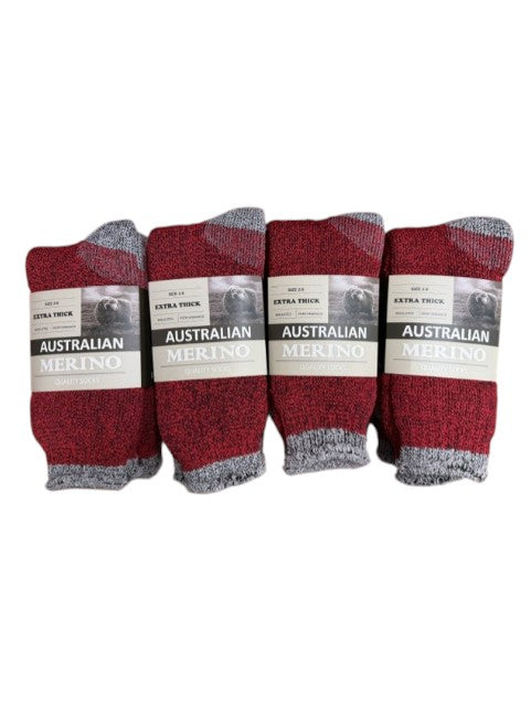 Dozen of red and gray socks with 'Australian Merino' labels on a white background