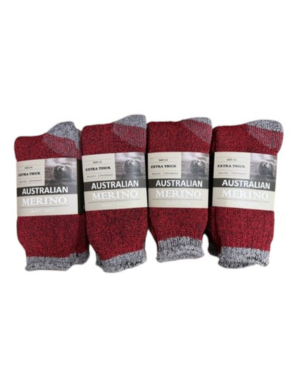 Dozen of red and gray socks with 'Australian Merino' labels on a white background