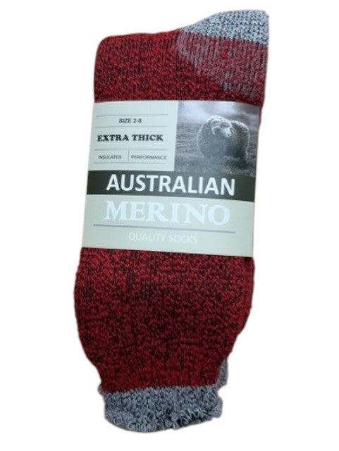Red and gray sock with 'Australian Merino' label on a white background