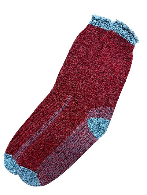 Red sock with blue accents on a white background