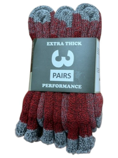 Pack of extra thick performance socks with red and gray pattern on a white background