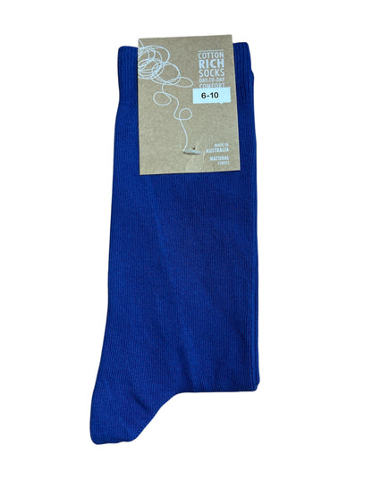Blue sock with a label on a white background