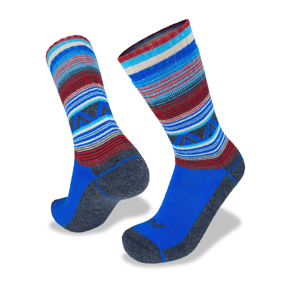 Colorful striped socks with blue accents on a white background