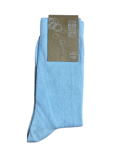 Light blue sock with a label on a white background