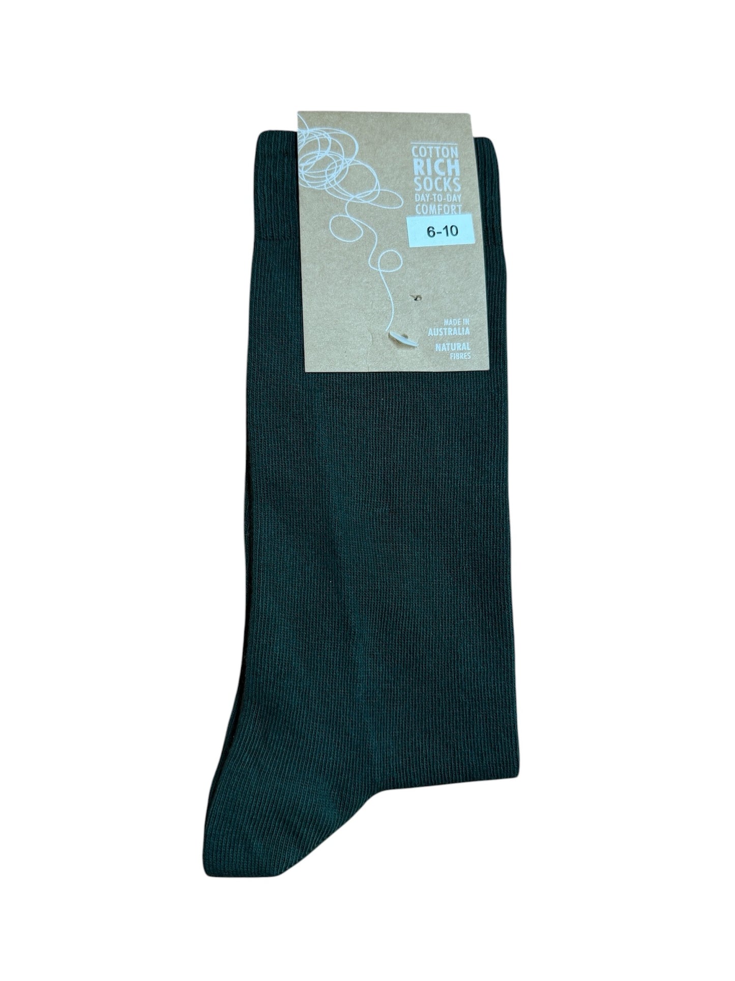 Dark green sock with a label on a white background