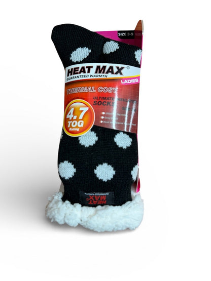 Black sock with white polka dots and Heat Max packaging on a white background