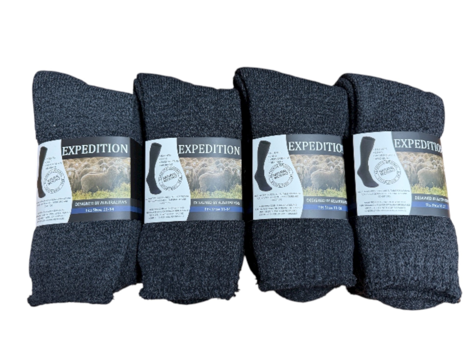 Four packs of black marle socks with labels on a white background