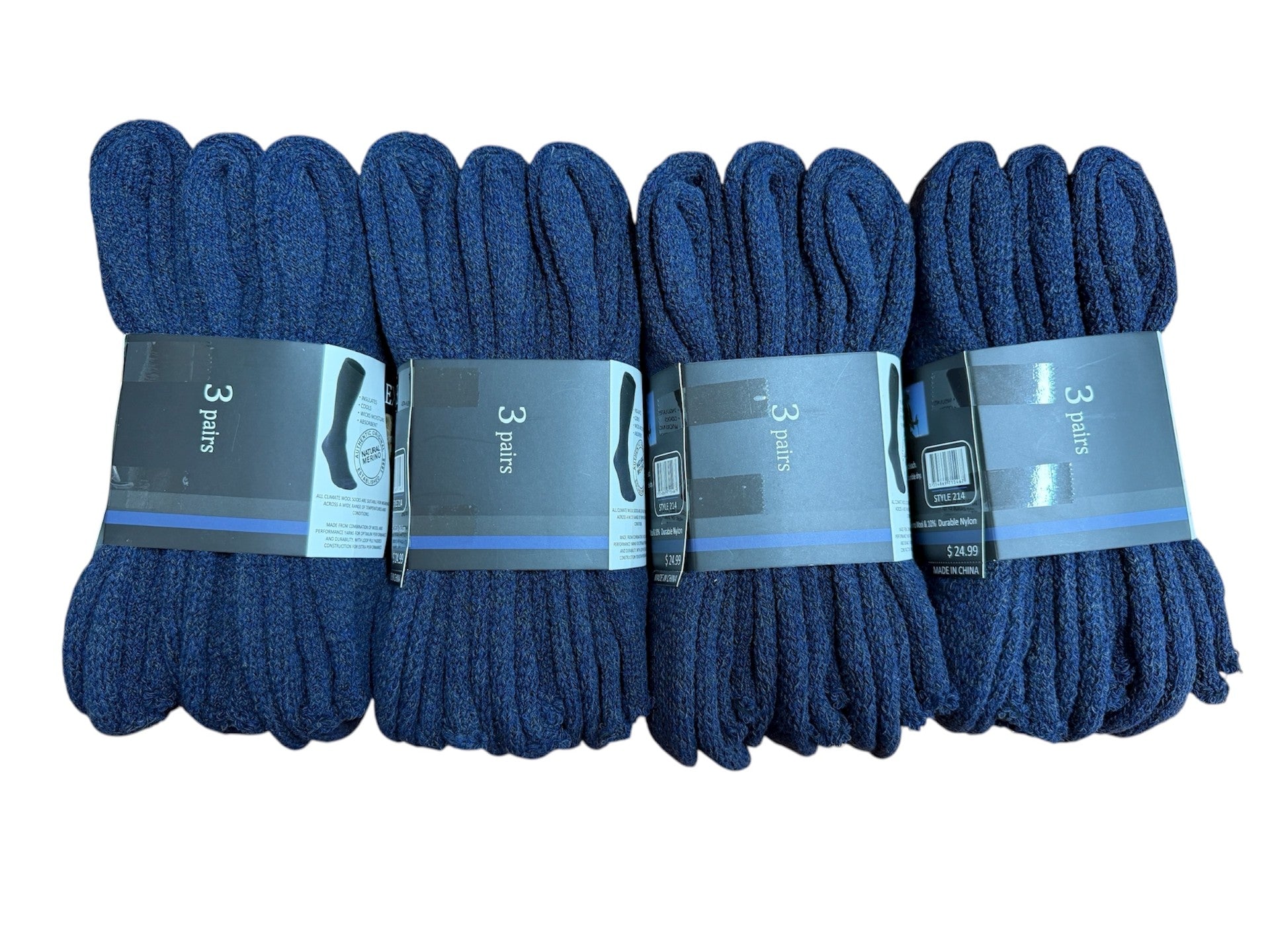 Pack of navy blue socks with labels on a white background