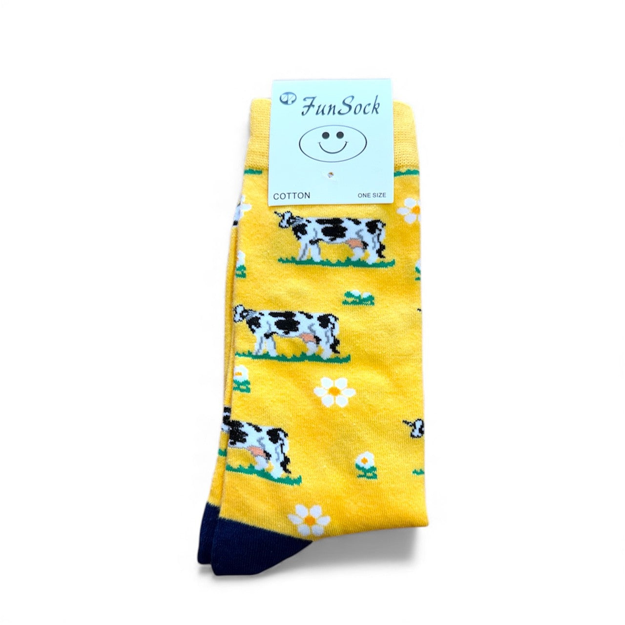 Yellow sock with cow pattern and 'Fun Sock' label on a white background