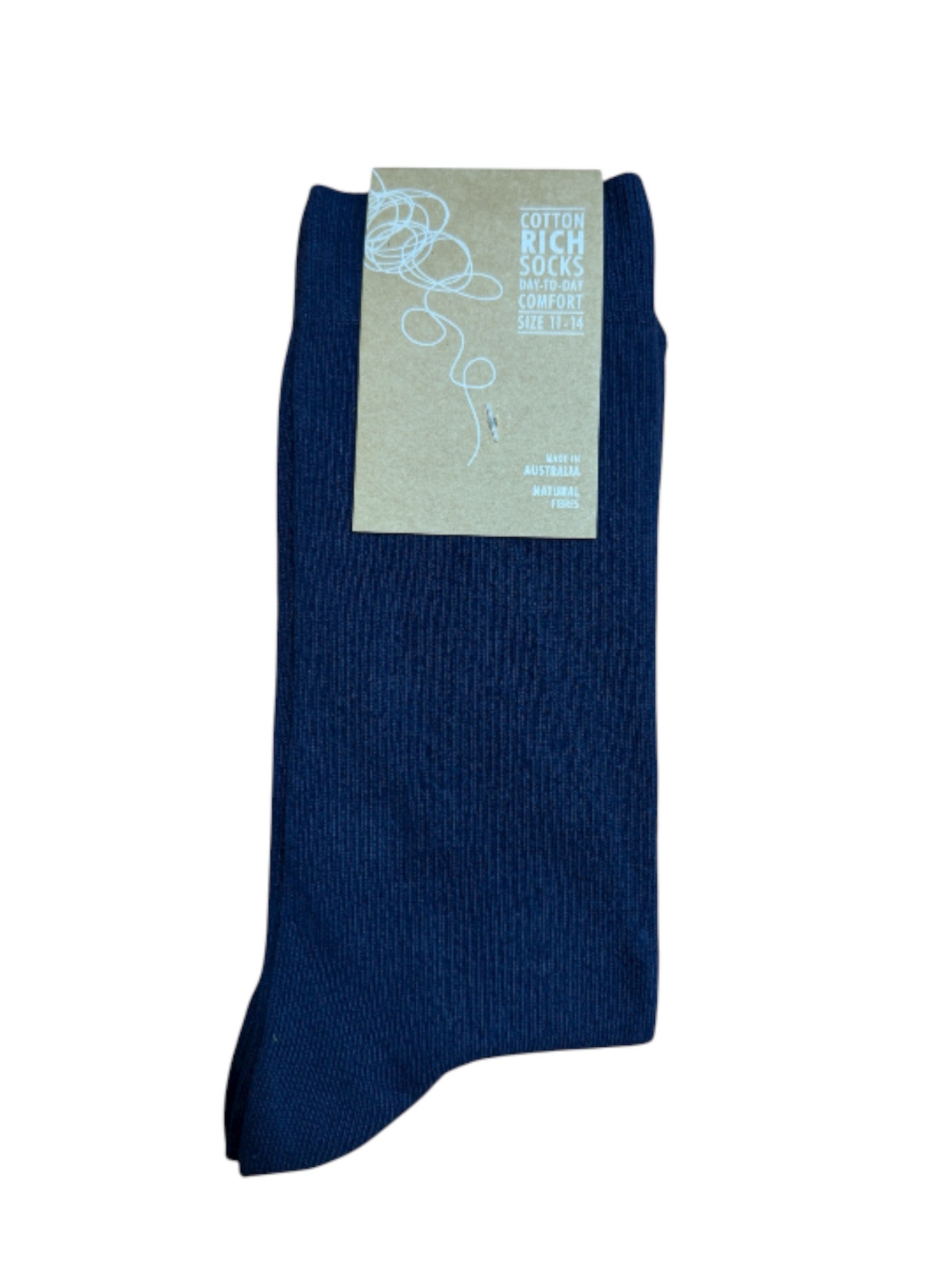 Navy blue sock with a label on a white background