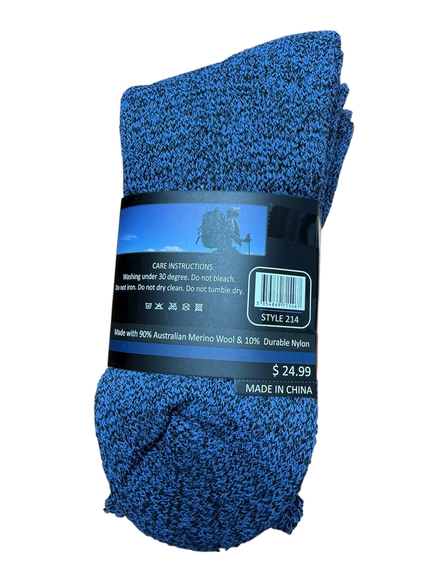 Blue socks with a label on a white background