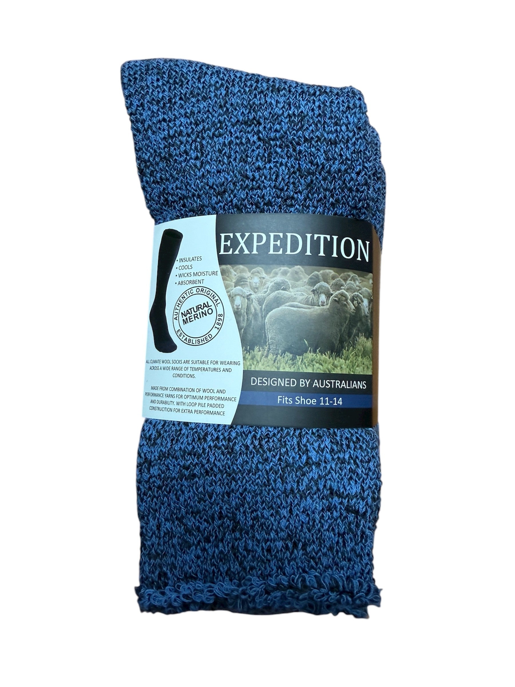 Blue textured sock with 'Expedition' label on a white background