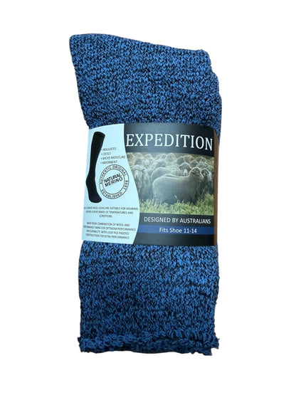 Blue textured sock with 'Expedition' label on a white background