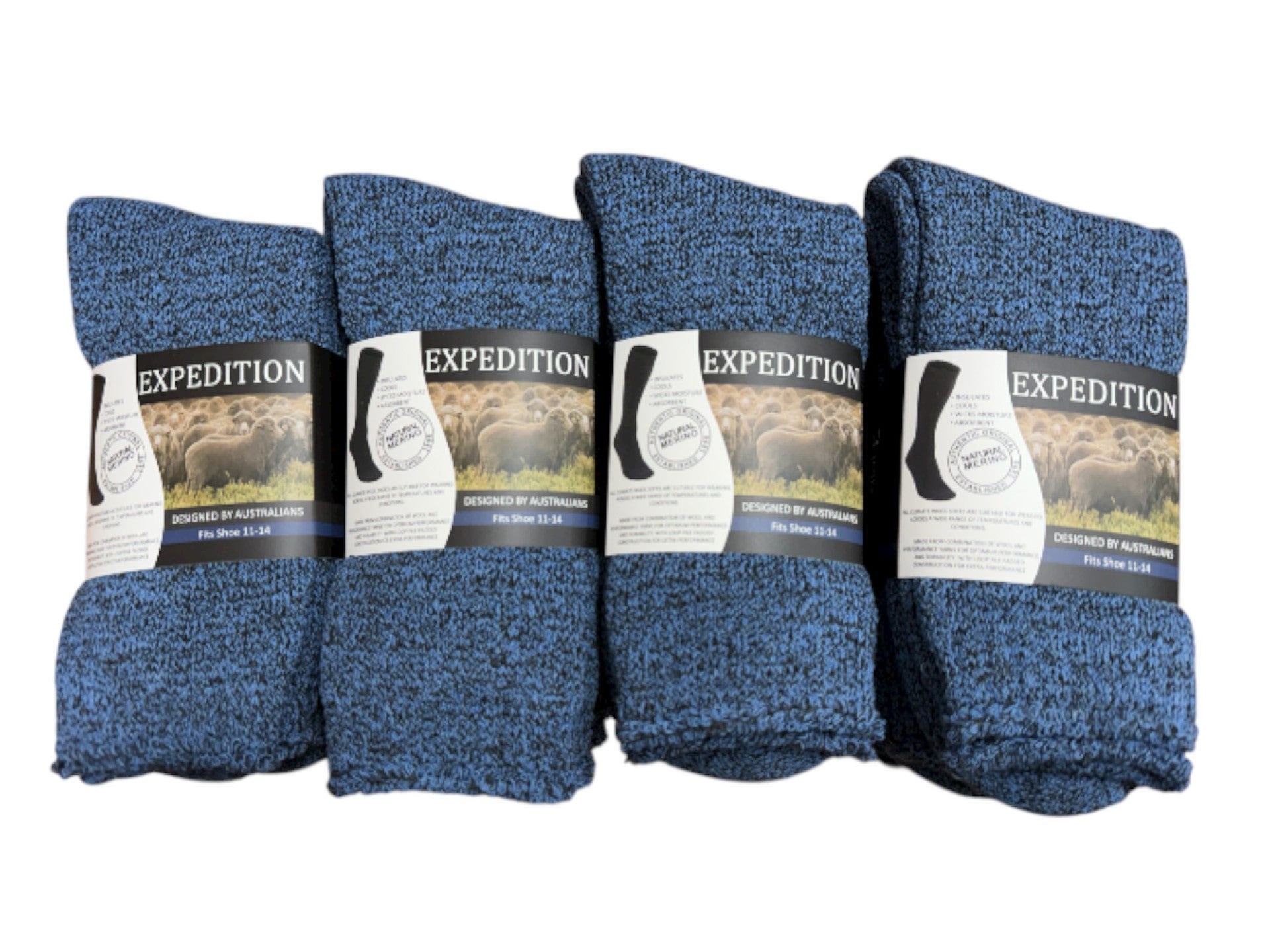 Four packs of blue socks with 'Expedition' branding on a white background