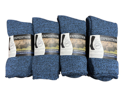 Four packs of blue socks with 'Expedition' branding on a white background
