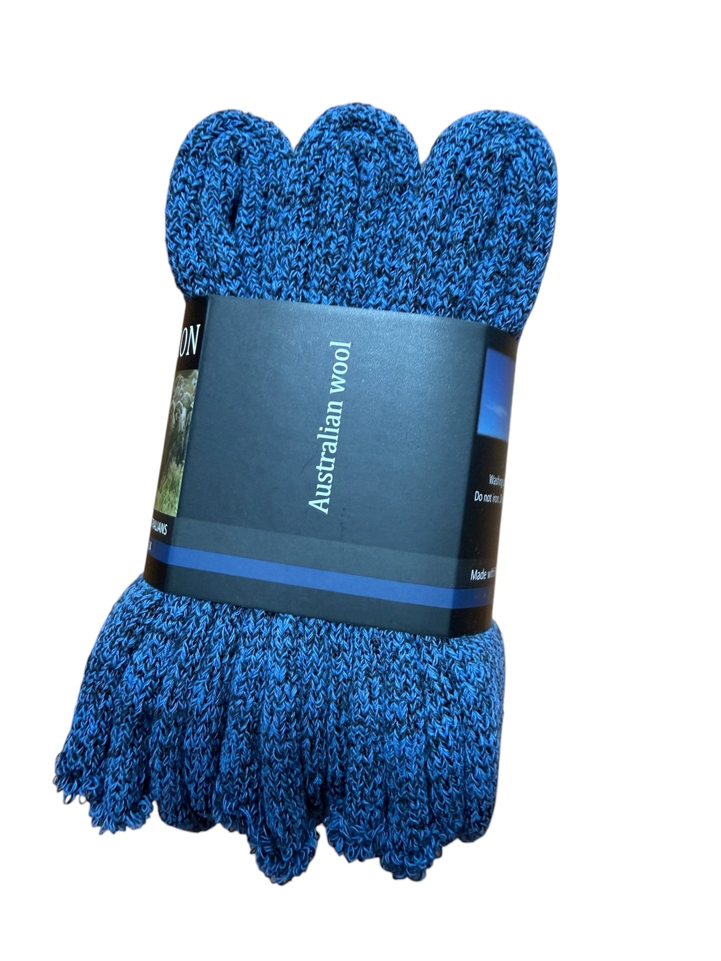 Blue socks with a label on a white background