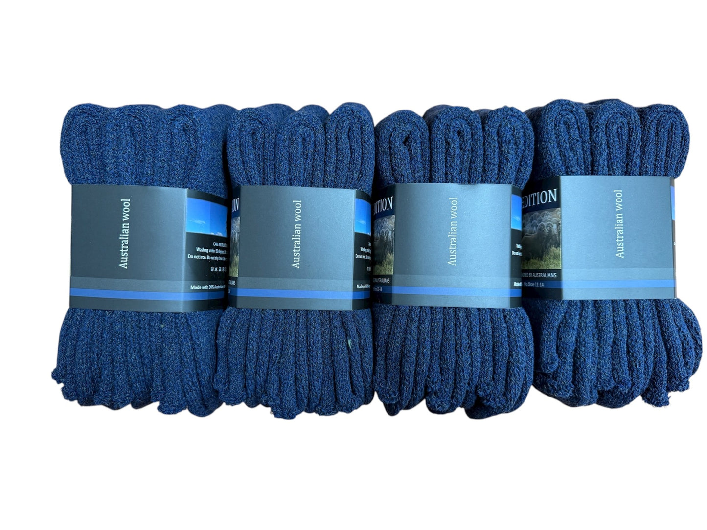 Dozen of navy blue socks with labels on a white background