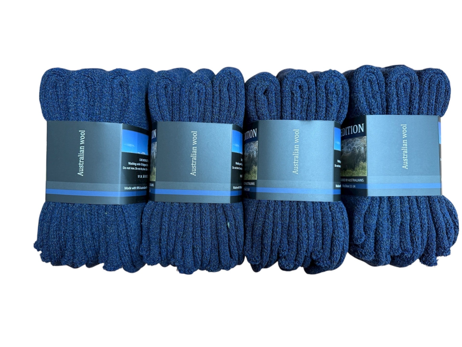 Dozen of navy blue socks with labels on a white background