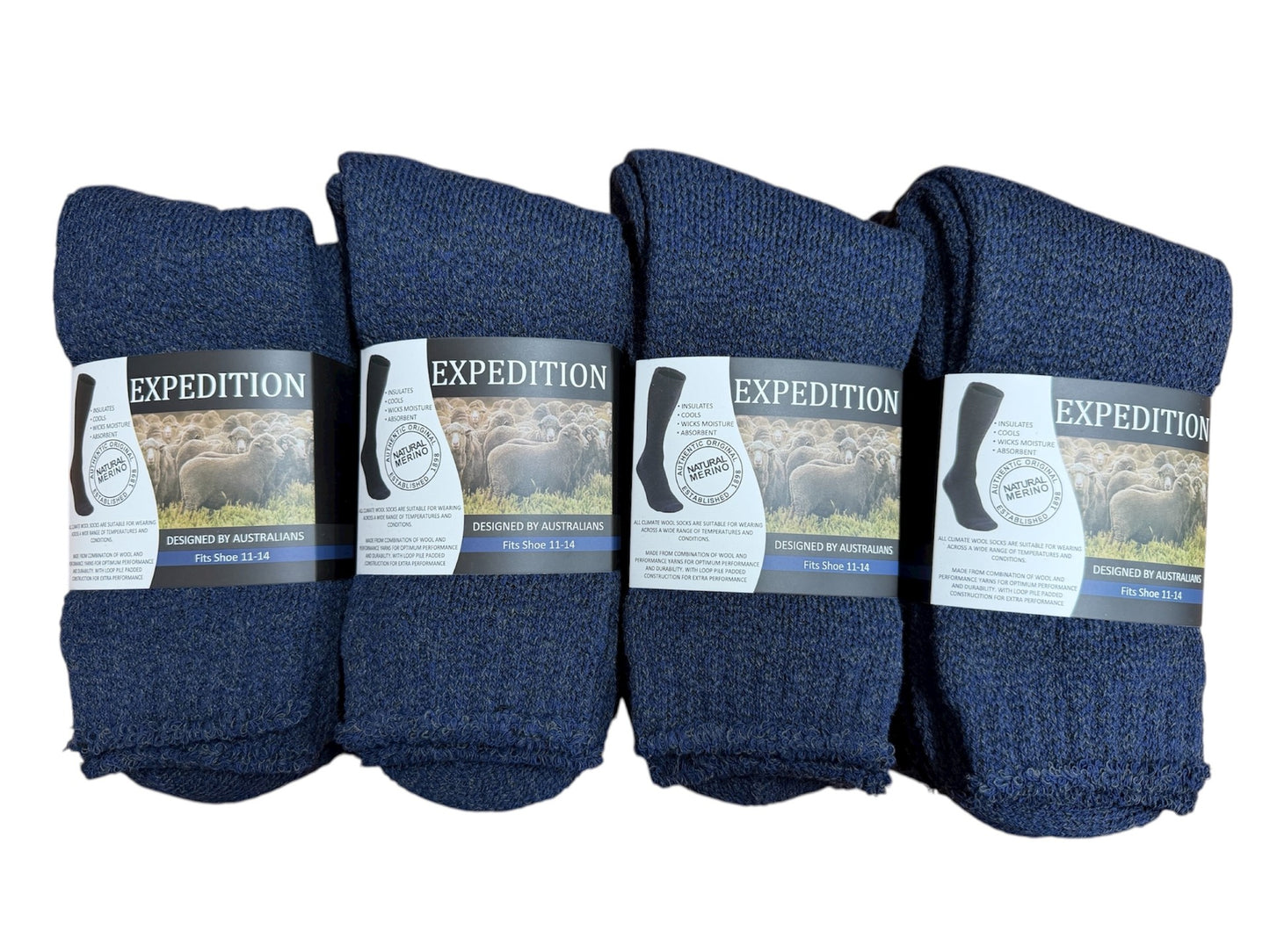 Four packs of navy blue socks with Expedition label on a white background