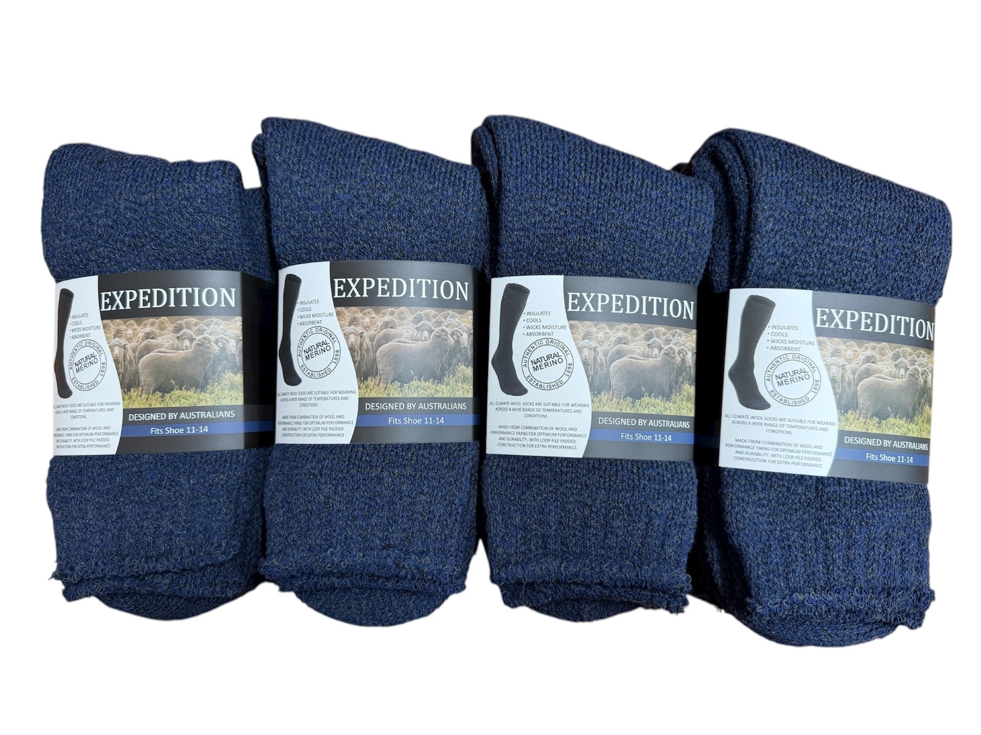 Four packs of navy blue socks with Expedition label on a white background