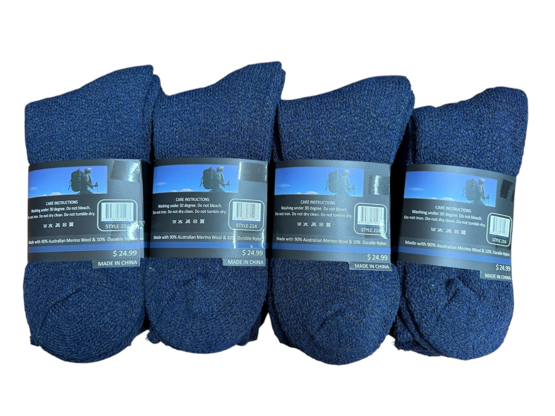 Four packs of navy blue socks with labels on a white background