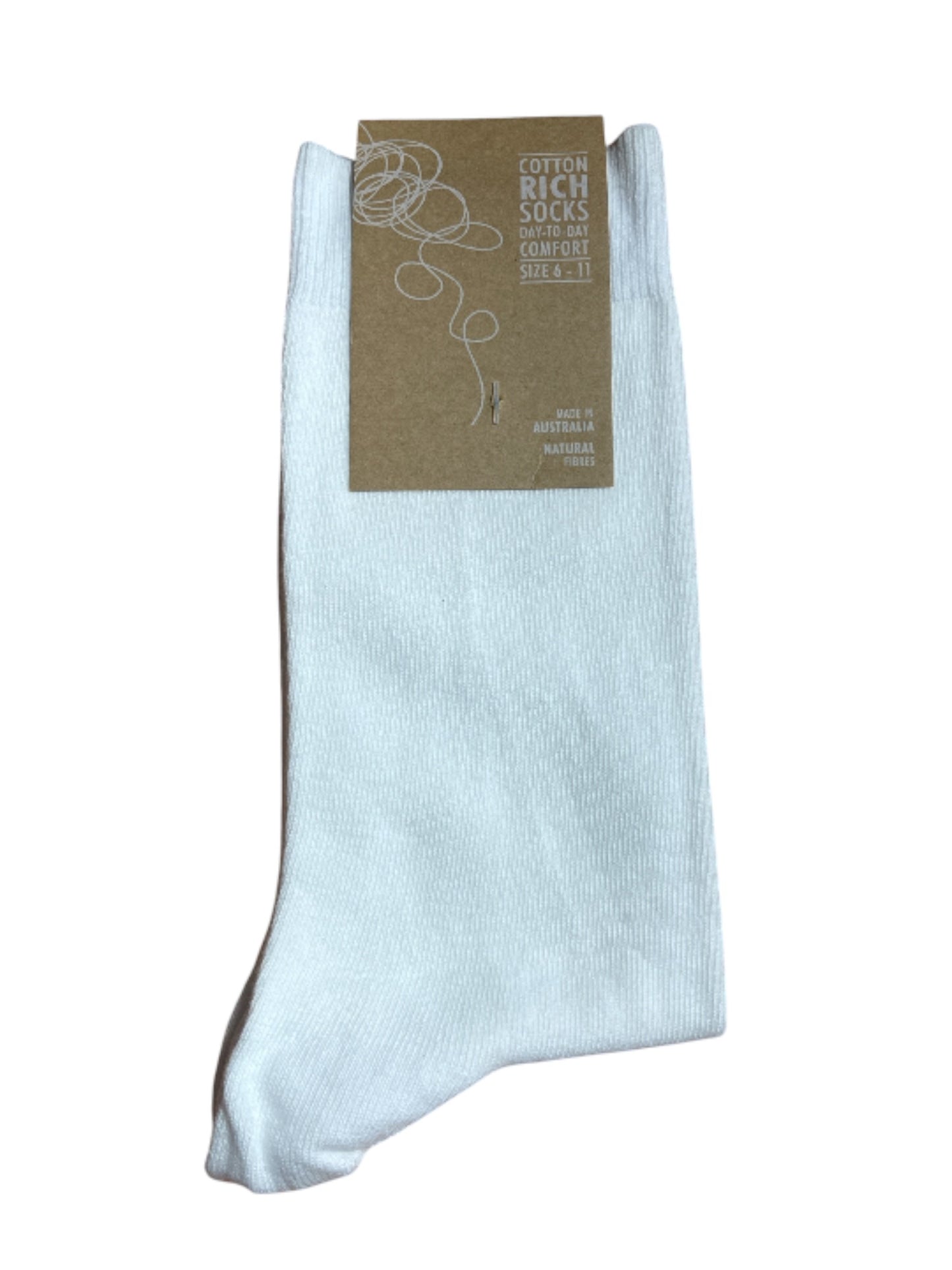 White sock with a brown label on a white background