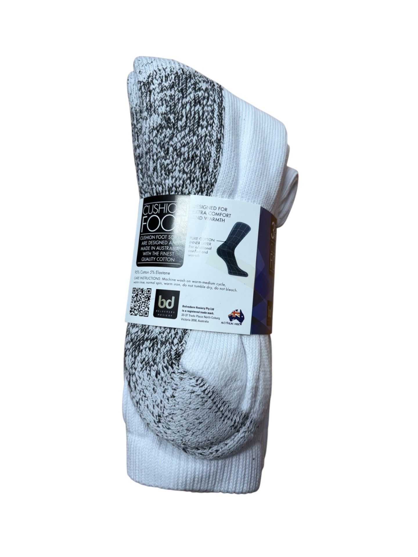 Pair of white socks with gray pattern on a white background