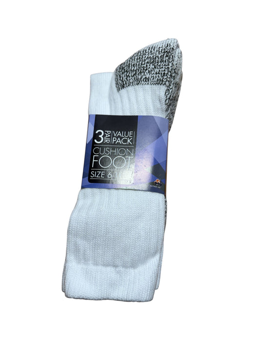 Pack of three pairs of cushioned socks with a visible brand label on a white background
