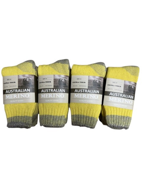 Dozen of yellow and gray socks with 'Australian Merino' labels on a white background.