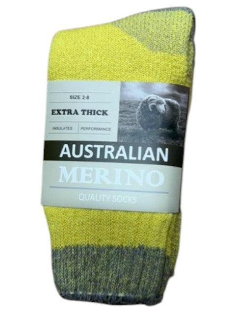 Yellow and gray sock with Australian Merino label on a white background